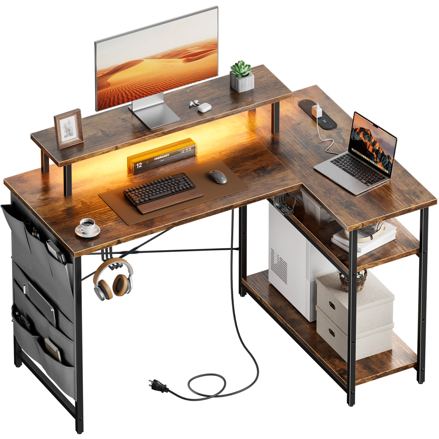 Office X Furniture - L-vormig computerbureau, voorzien van stopcontacten en